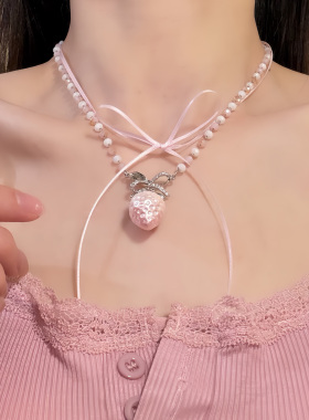 HEY TAO甜美粉色草莓蝴蝶结项链复古少女气质叠戴颈链锁骨链配饰