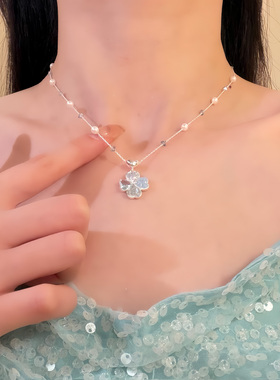 HEY TAO复古蓝色水钻爱心四叶草项链夏季甜美气质锁骨链配饰颈链