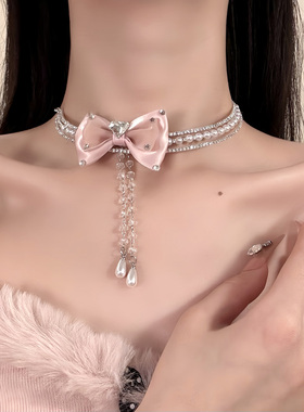 HEY TAO千金闪锆粉色蝴蝶结choker项链小众甜美少女气质颈链配饰