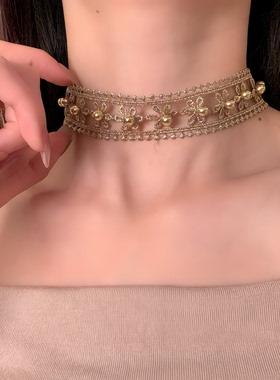 HEY TAO复古金色花朵蕾丝choker项链优雅气质短款毛衣链配饰颈链