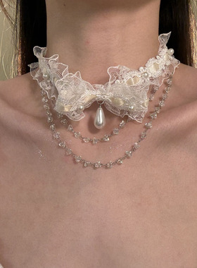 HEY TAO超仙白色蝴蝶结蕾丝choker流苏颈带纯欲气质项链女锁骨链