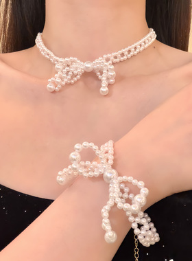 市场版~白色镂空蝴蝶结珍珠choker项链女复古气质颈链配饰锁骨链