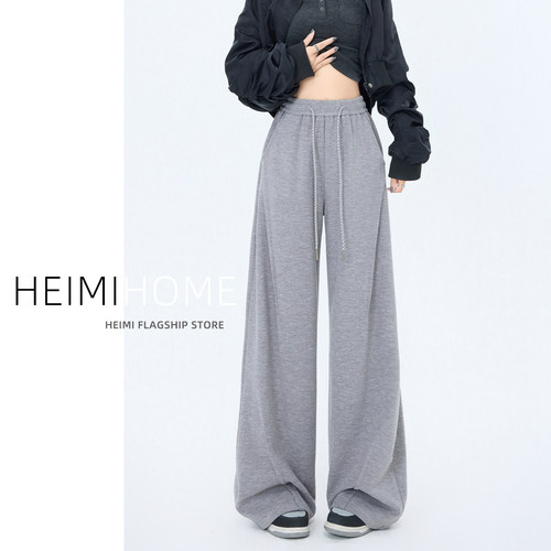 咖色加绒糯米裤女秋冬季美式休闲羊绒阔腿裤松弛感慵懒弯刀运动裤 - 图0