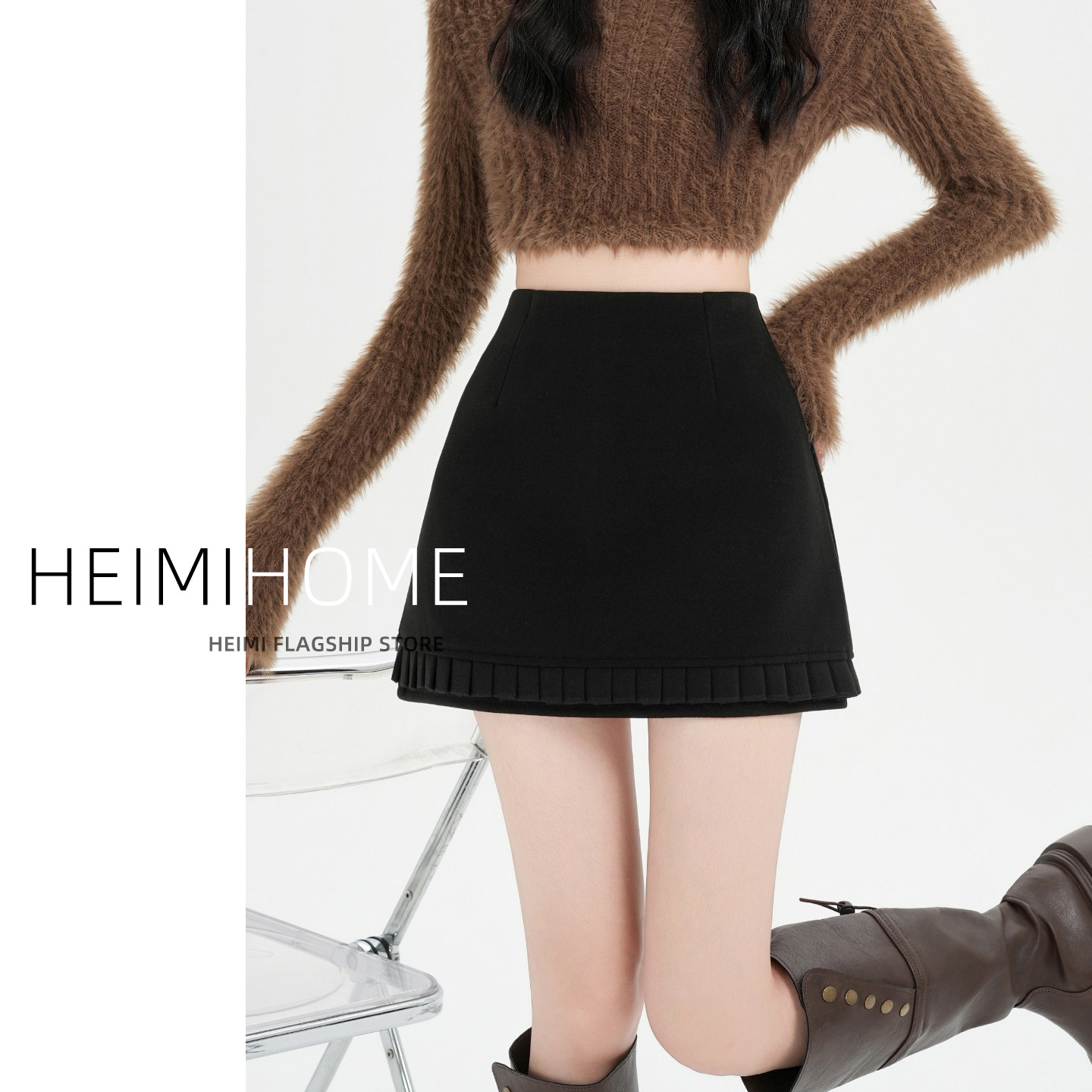 灰色毛呢半身裙女秋冬季小个子高腰A字短裙设计感百褶花边包臀裙,淘宝优惠券,粉丝福利购,淘宝优惠卷