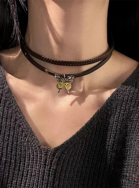 复古风双层编织皮革choker项圈女颈带棕色滴釉蝴蝶脖颈链锁骨项链