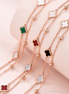 叠戴双层四叶草手链女生轻奢小众精致钛钢玫瑰金闺蜜森系2026新款