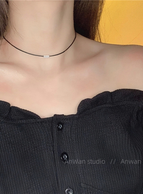 choker项圈黑色锁骨链项链女纯银简约日韩国脖子饰品方块颈链颈带
