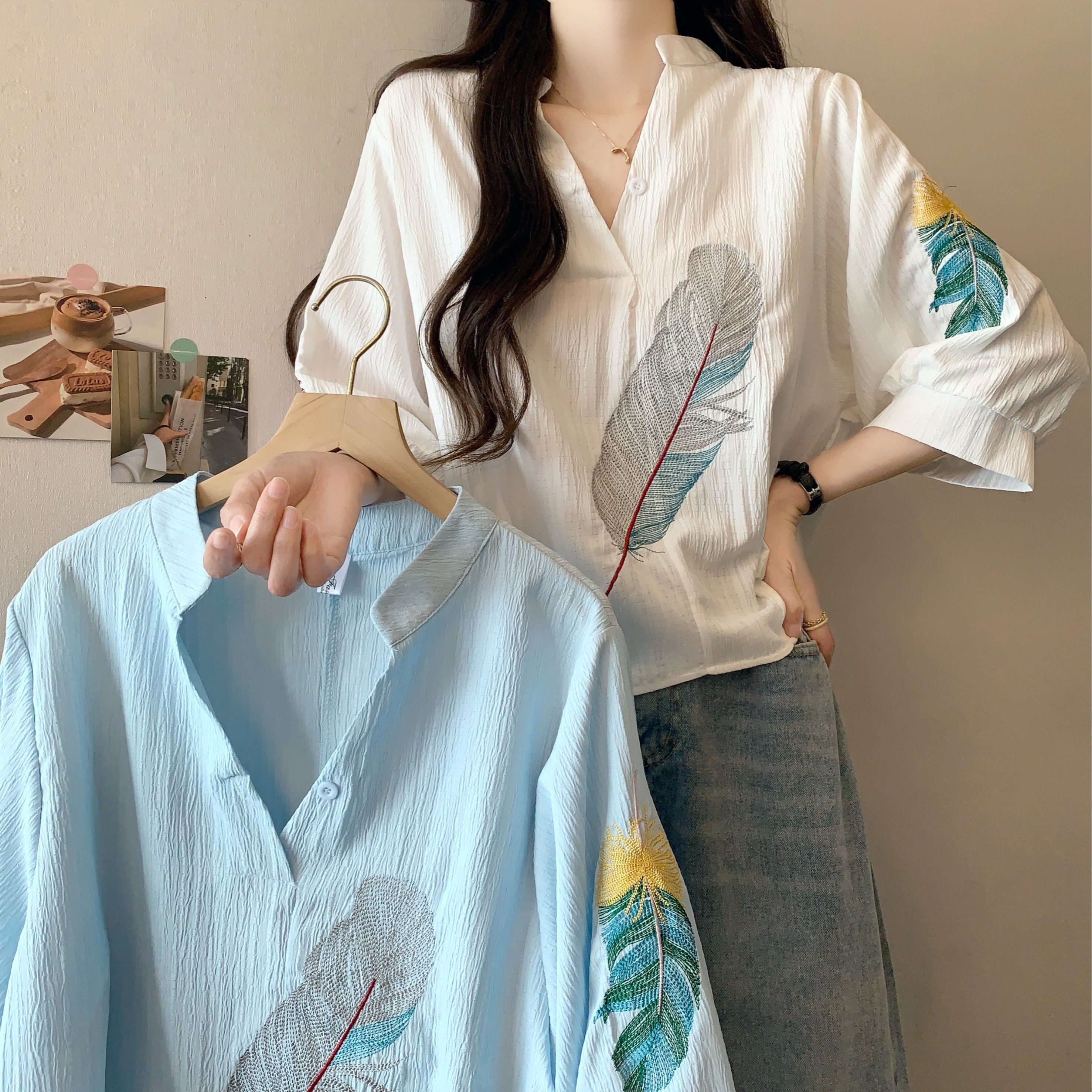 大码女装V领刺绣棉麻衬衫夏季胖妹妹设计感别致宽松七分袖上衣潮,淘宝优惠券,粉丝福利购,淘宝优惠卷