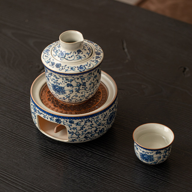 Ru kiln ເຕົາຊາອຸ່ນສີຟ້າແລະສີຂາວເຕົາທຽນເພື່ອແຕ່ງກິນຊາປະມານເຕົາ