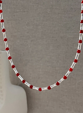 月光女神 925纯银红色珊瑚竹节项链女简约名媛气质手工设计串珠锁