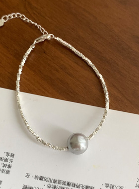 月光女神 925纯银施家灰色珍珠手链女正强光无暇个性不规则碎银子
