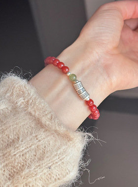 月光女神925纯银一世长安红玛瑙和田玉手链女简约新中式国风设计