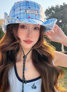 美式复古格纹渔夫帽女夏季小众设计感户外露营遮阳帽大头围登山帽