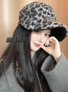 韩国2025年新款美式复古泰迪绒豹纹渔夫帽女时髦显脸小护耳帽个性