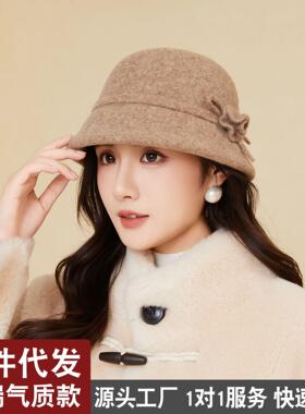 中老年人帽子保暖羊毛呢盆帽休闲百搭优雅礼帽秋冬妈妈气质渔夫帽