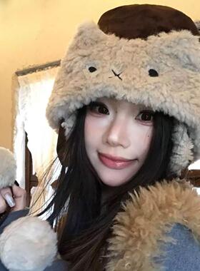 新款秋冬季毛绒护耳雷锋帽女加厚保暖显脸小包头帽户外防寒套头帽
