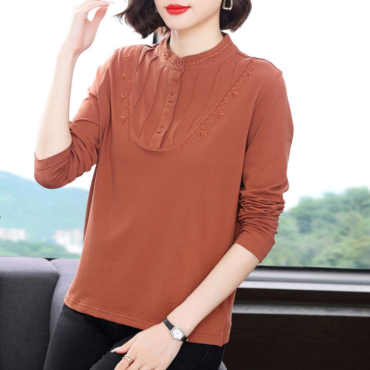 纯棉长袖t恤女 2026春秋装新款秋衣外穿衬衫中老年妈妈上衣打底衫