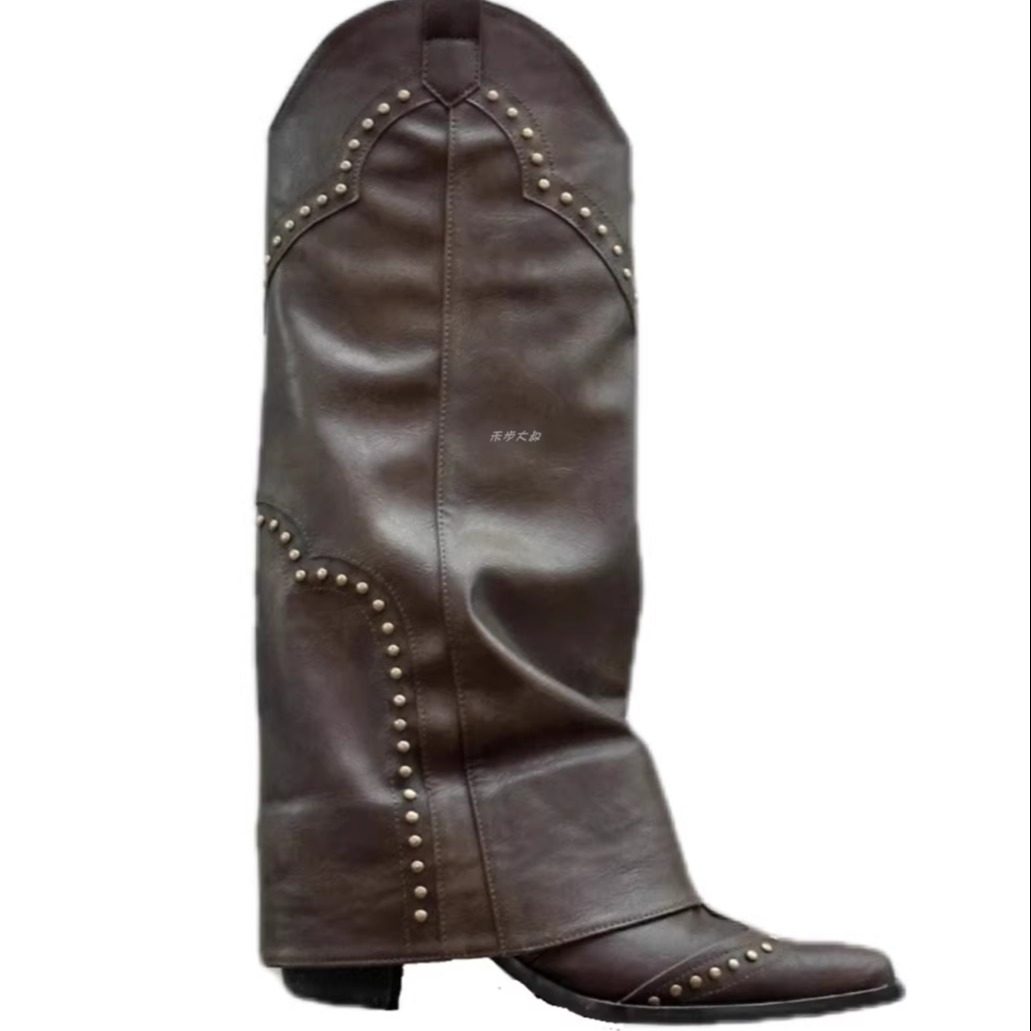 复古尖头铆钉裤管靴经典百搭西部牛仔靴粗跟侧拉链长筒靴女高跟鞋,淘宝优惠券,粉丝福利购,淘宝优惠卷