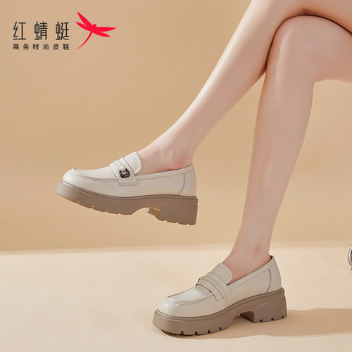 红蜻蜓乐福鞋女秋季新款时尚百搭一脚蹬日系风女豆豆鞋粗跟增高鞋 - 图2