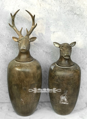 美式乡村风复古做旧鹿头居家摆件