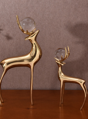 美式轻奢时尚纯铜摆件客厅创意鹿头纯铜饰品家居床头柜工艺品