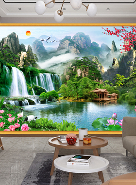 客厅装饰画自粘墙纸壁画超大中式电视机背景墙风景墙贴九鱼图贴画