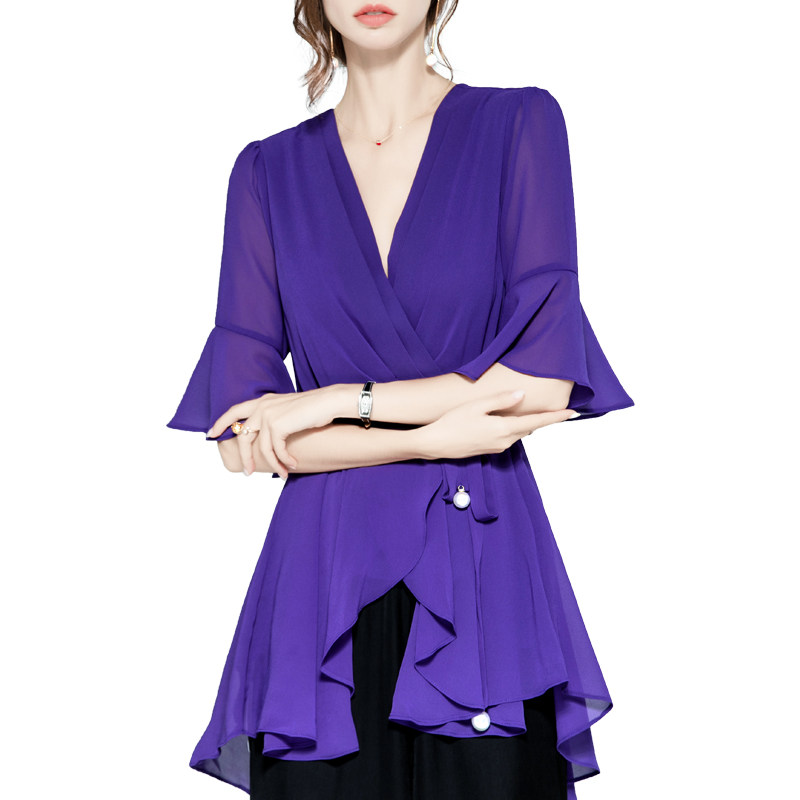 欧美不规则荷叶边裙摆褶皱v领衬衣 摩登志蕾丝衫/雪纺衫