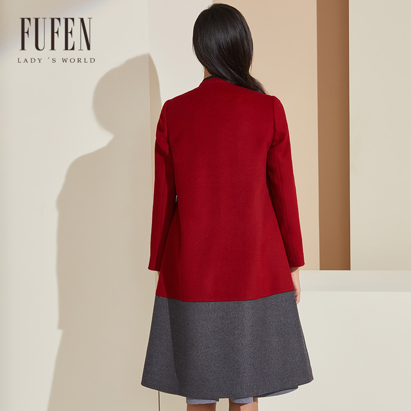 FUFEN福芬冬季新款毛呢外套宽松v领拼色长款羊毛外套DY-14122 - 图1