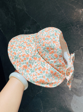 日单小碎花蝴蝶结女童空顶帽
