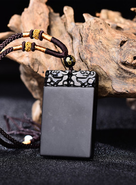 情侣款天然黑曜石方牌吊坠项链