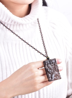 天然黑曜石御龙关公吊坠