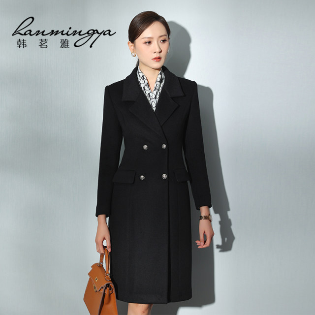 High-end black wool coat work clothes mid-length