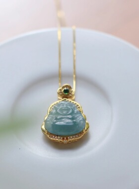 国风蓝水翡翠弥勒佛S925银项链