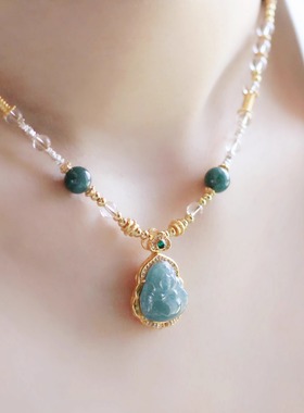 天然蓝水翡翠弥勒佛碎银国风项链