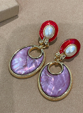 中古风vintage高级感紫色天然真贝大耳环电镀18k金复古夸张耳饰品