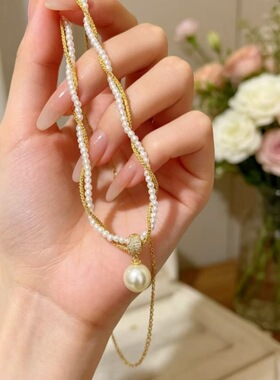 法工波光粼粼碎银珍珠吊坠双层项链缠绕颈链轻奢小众高级复古锁骨