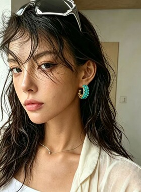 复古高级感绿松石C形耳圈18K金耳环法式时尚气质新款夸张耳饰品