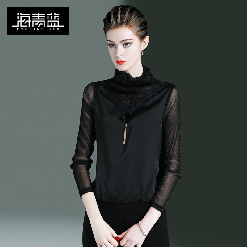 海青蓝2020春夏新款黑色打底雪纺衫 海青蓝蕾丝衫/雪纺衫