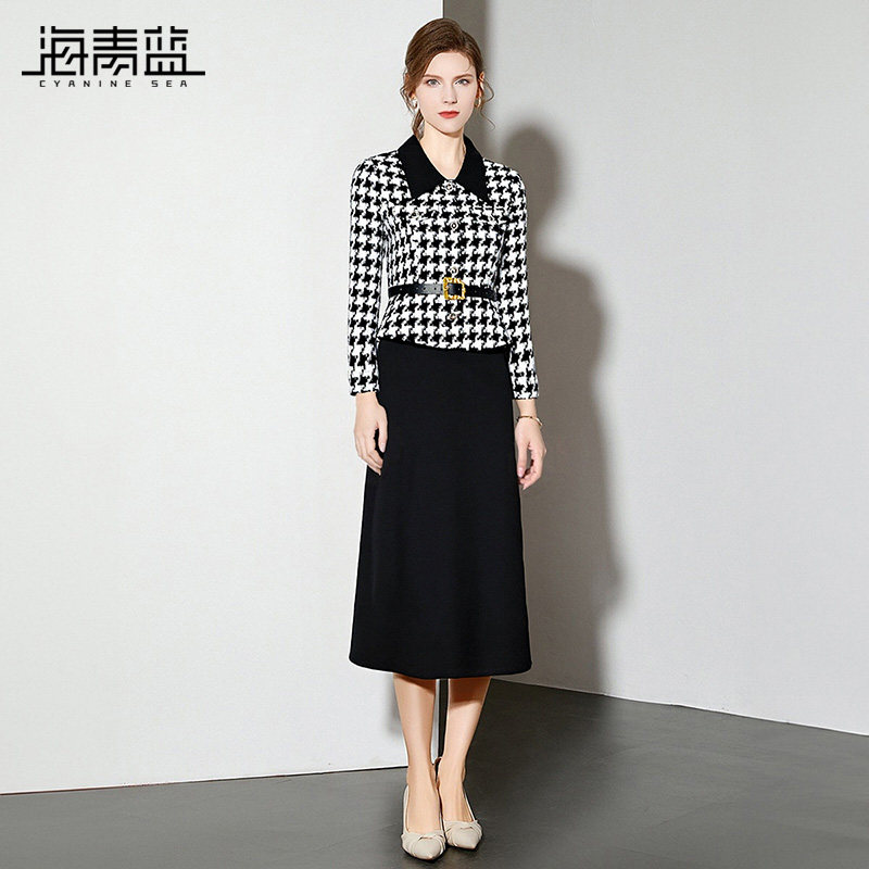 海青蓝 翻领千鸟格套装女2025新款冬装高级设计感半身裙两件套,淘宝优惠券,粉丝福利购,淘宝优惠卷