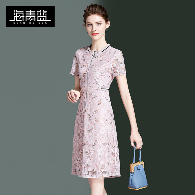 海青蓝蕾丝女夏2020新款通勤连衣裙 海青蓝连衣裙