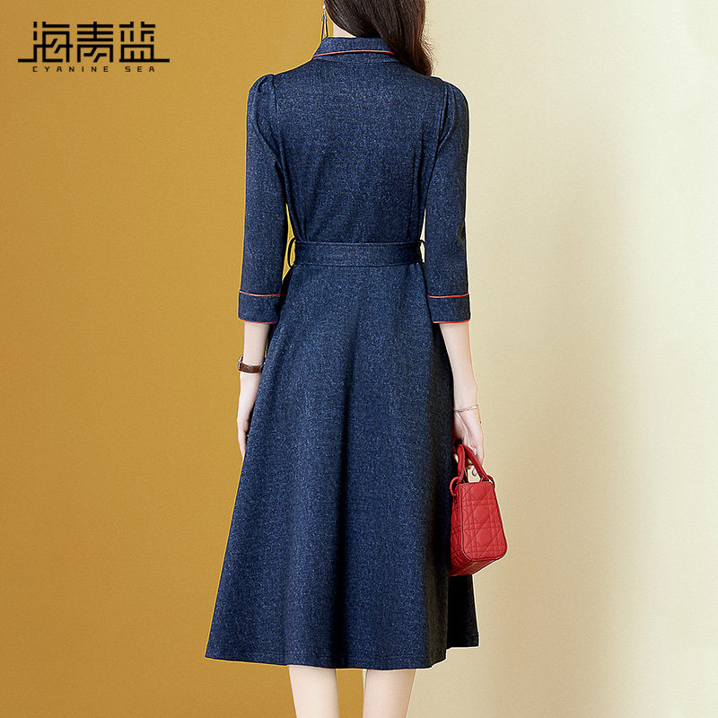 海青蓝秋装2020年新款女连衣裙衬衫 海青蓝连衣裙