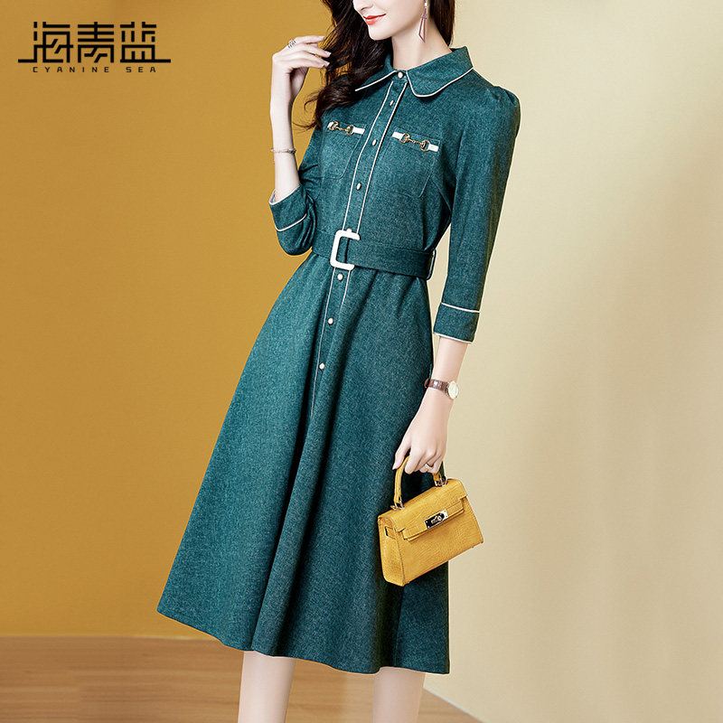 海青蓝秋装2020年新款女连衣裙衬衫 海青蓝连衣裙