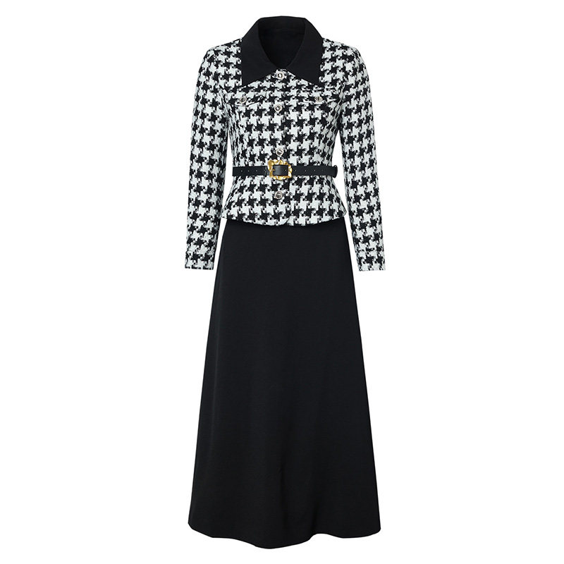 海青蓝 翻领千鸟格套装女2025新款冬装高级设计感半身裙两件套,淘宝优惠券,粉丝福利购,淘宝优惠卷