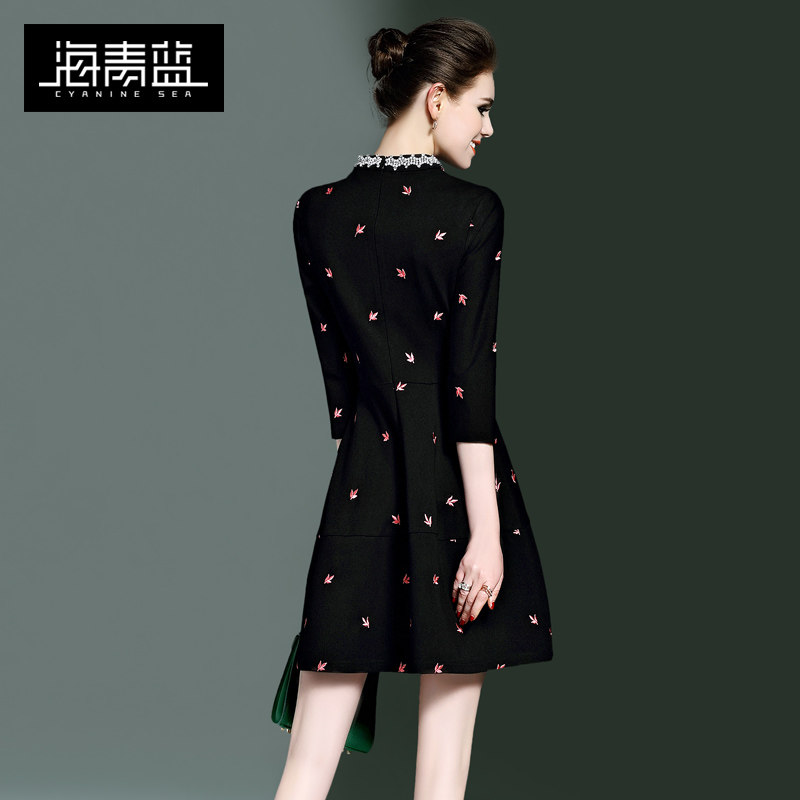 海青蓝2020秋季新款欧美刺绣连衣裙 海青蓝连衣裙