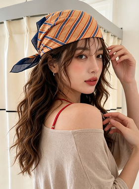 韩系ins条纹头巾女薄款复古甜美
