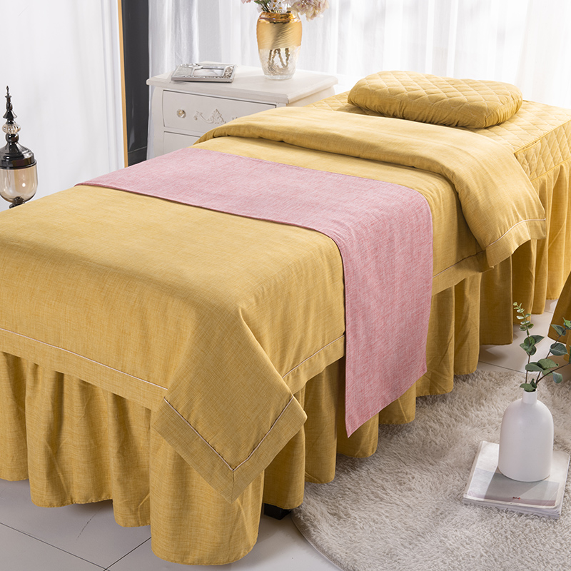 棉麻美容院床罩四件套专用按摩理疗带洞奢华高档定做黄色圆头纯色-图1