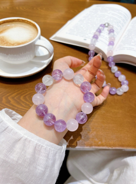 天然玻利维亚紫水晶粉晶雪花幽灵手串套装多宝手串送闺蜜礼物14mm