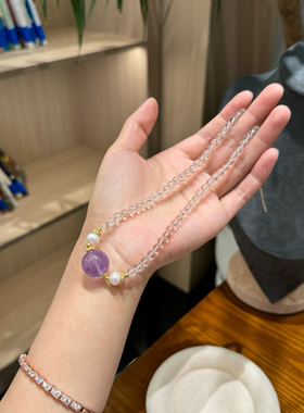 天然白水晶搭配薰衣草紫水晶圆珠原创设计锁骨链项链送礼物闺女