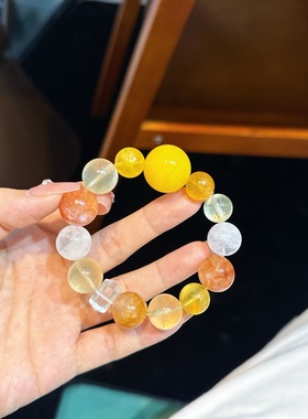 天然多宝黄水晶雪花幽灵萤石红胶花 黄色系手串 百搭富贵手链气质