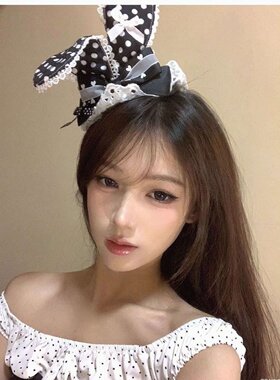 日系甜美黑白波点菌丝兔耳发夹可爱少女lolita发卡高级感新款发饰